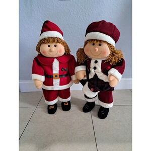 Vintage Santa Claus  girl & boy standing plush figurine 25" porch greeters Kmart
